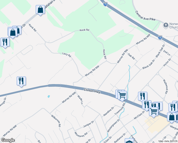 map of restaurants, bars, coffee shops, grocery stores, and more near 6122 Bill Murray Lane in Knoxville