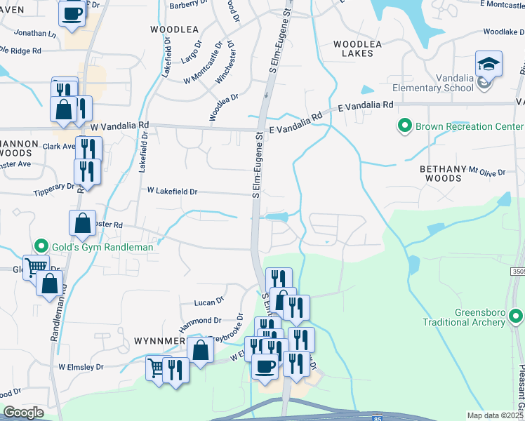 map of restaurants, bars, coffee shops, grocery stores, and more near 3605 South Elm-Eugene Street in Greensboro