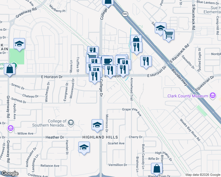 map of restaurants, bars, coffee shops, grocery stores, and more near 718 Breezy Ridge Drive in Henderson
