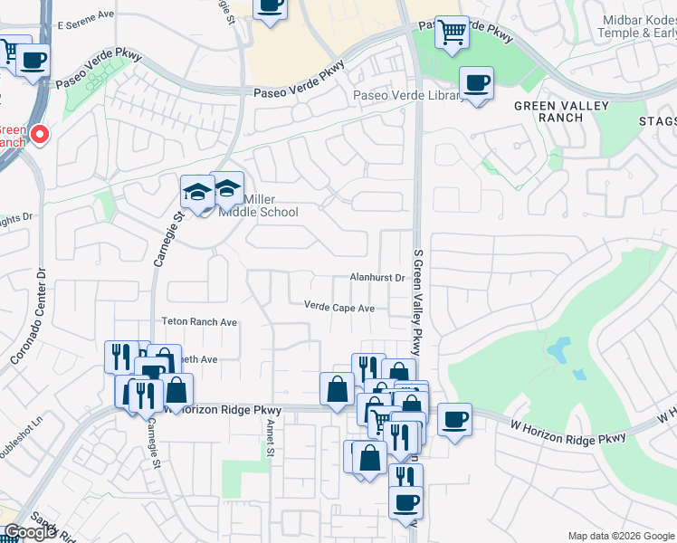 map of restaurants, bars, coffee shops, grocery stores, and more near 2232 Alanhurst Drive in Henderson
