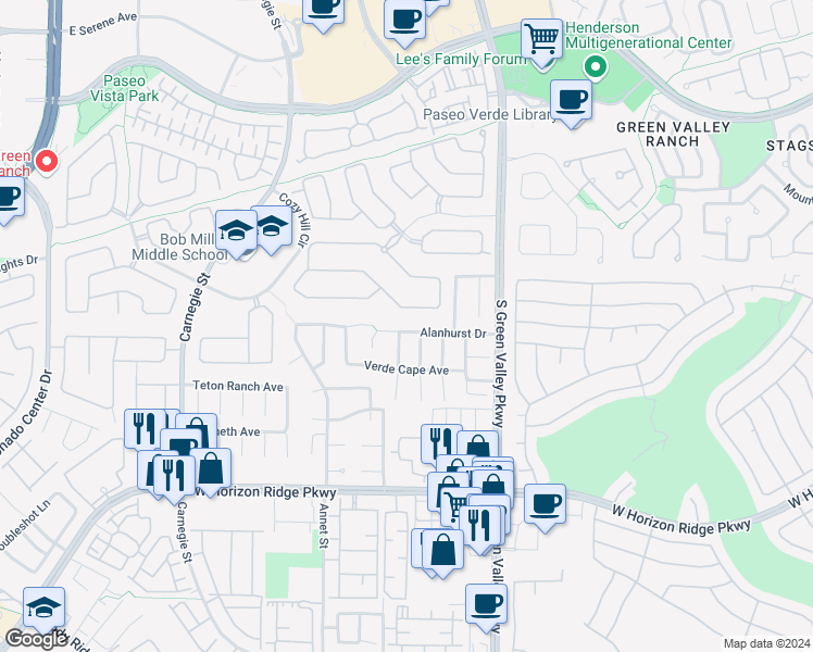 map of restaurants, bars, coffee shops, grocery stores, and more near 2232 Alanhurst Drive in Henderson