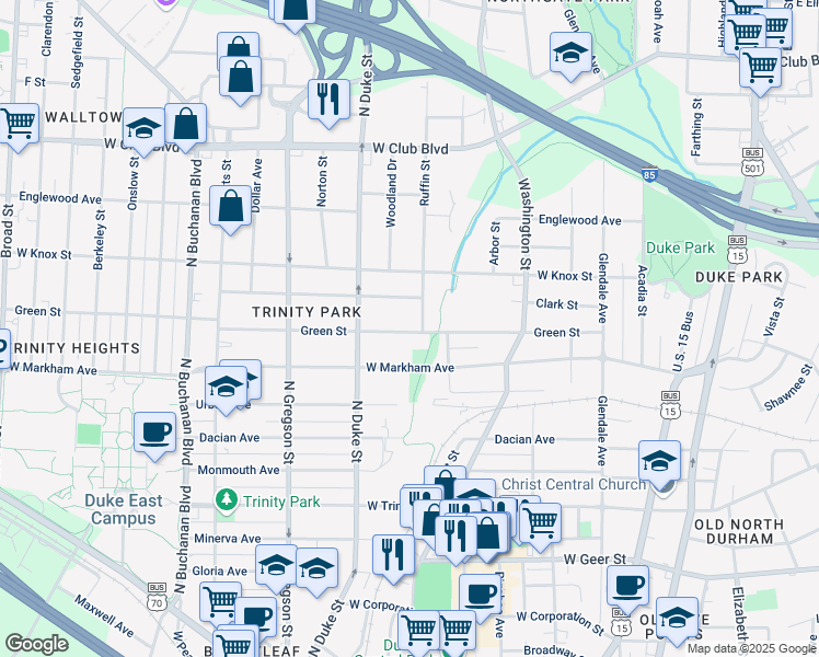 map of restaurants, bars, coffee shops, grocery stores, and more near 812 Green Street in Durham