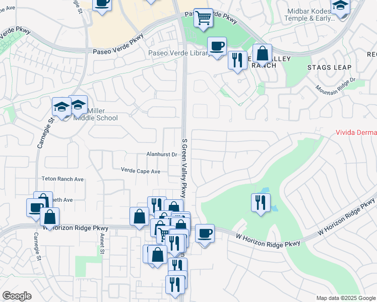 map of restaurants, bars, coffee shops, grocery stores, and more near 425 Golden State Street in Henderson