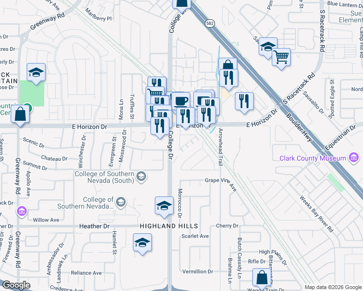 map of restaurants, bars, coffee shops, grocery stores, and more near 502 Foothill Cove Lane in Henderson