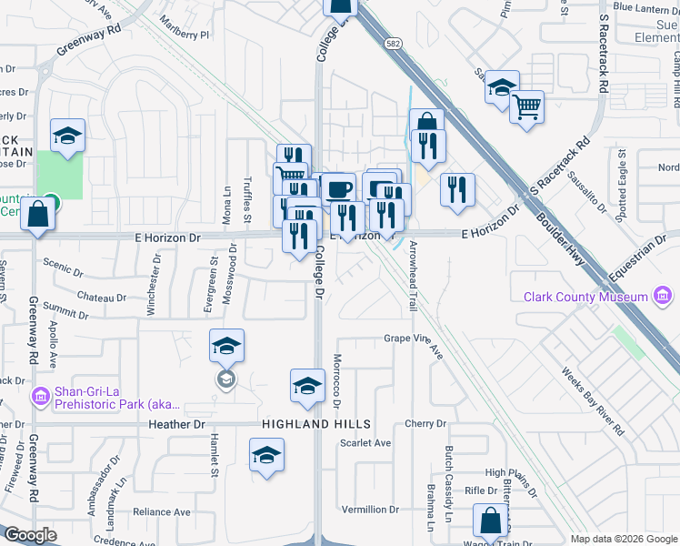 map of restaurants, bars, coffee shops, grocery stores, and more near 718 Breezy Ridge Drive in Henderson