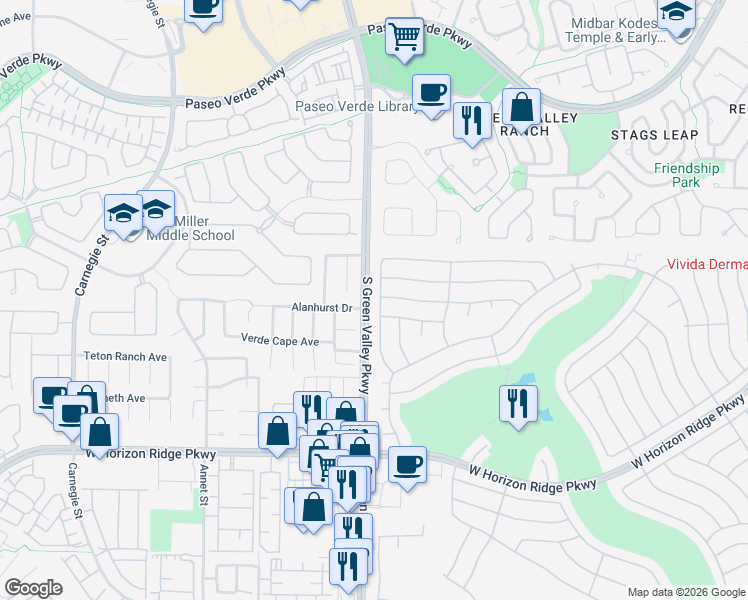 map of restaurants, bars, coffee shops, grocery stores, and more near 425 Golden State Street in Henderson