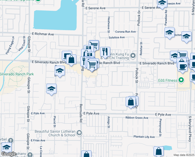 map of restaurants, bars, coffee shops, grocery stores, and more near 555 East Silverado Ranch Boulevard in Las Vegas