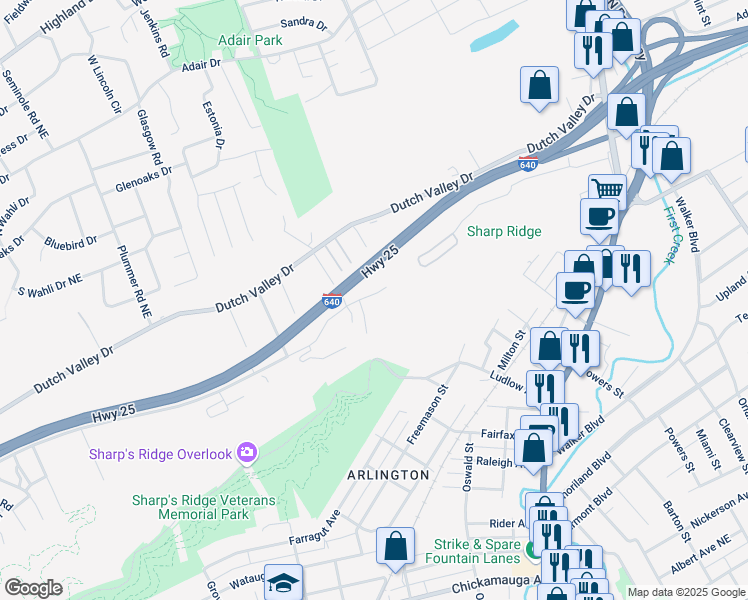 map of restaurants, bars, coffee shops, grocery stores, and more near 1810 Rocky View Way in Knoxville