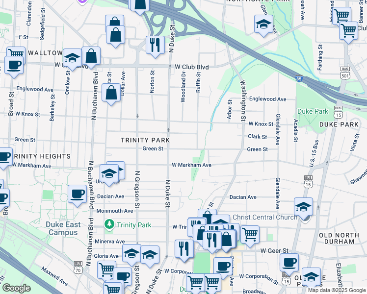map of restaurants, bars, coffee shops, grocery stores, and more near 814 Green Street in Durham