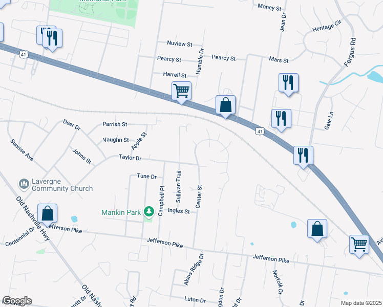map of restaurants, bars, coffee shops, grocery stores, and more near 187 Center Street in La Vergne