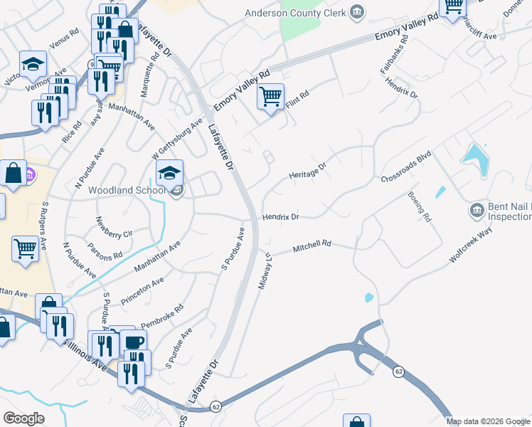 map of restaurants, bars, coffee shops, grocery stores, and more near 100 Hendrix Drive in Oak Ridge