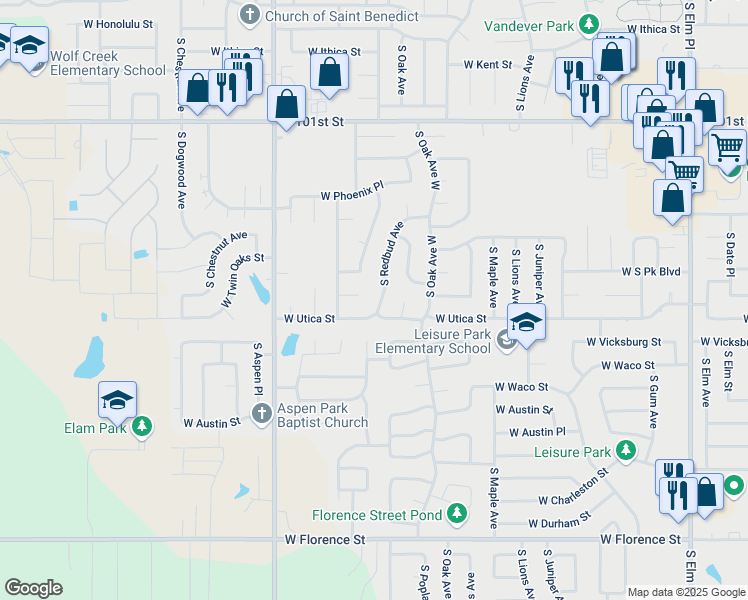 map of restaurants, bars, coffee shops, grocery stores, and more near 1601 West Utica Street in Broken Arrow