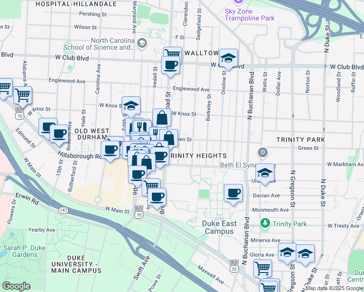 map of restaurants, bars, coffee shops, grocery stores, and more near 818 Clarendon Street in Durham