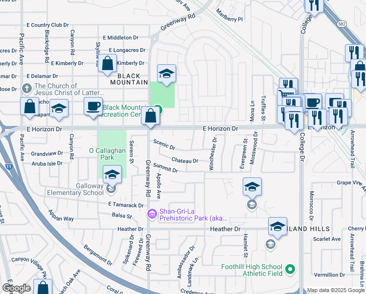 map of restaurants, bars, coffee shops, grocery stores, and more near 425 Chateau Drive in Henderson