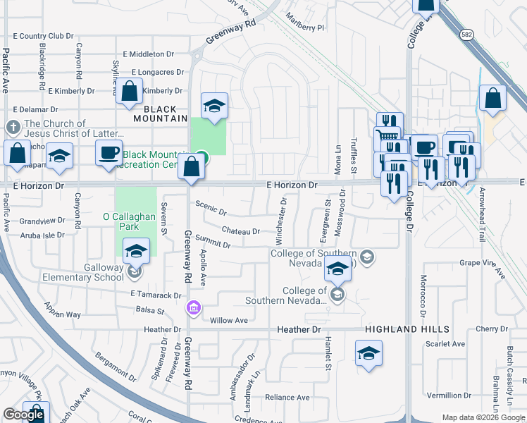 map of restaurants, bars, coffee shops, grocery stores, and more near 437 Chateau Drive in Henderson
