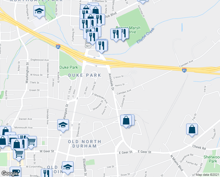 map of restaurants, bars, coffee shops, grocery stores, and more near 1701 Avondale Drive in Durham