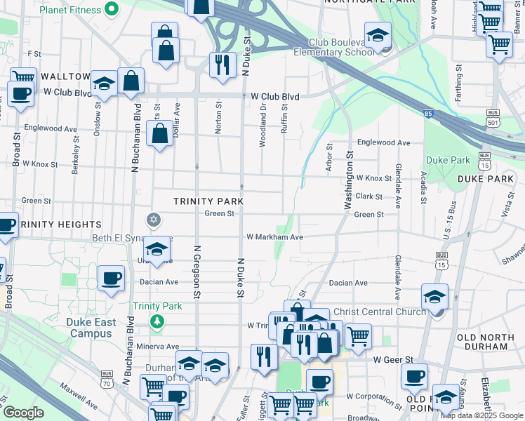 map of restaurants, bars, coffee shops, grocery stores, and more near 817 Green Street in Durham