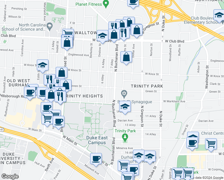 map of restaurants, bars, coffee shops, grocery stores, and more near 814 North Buchanan Boulevard in Durham