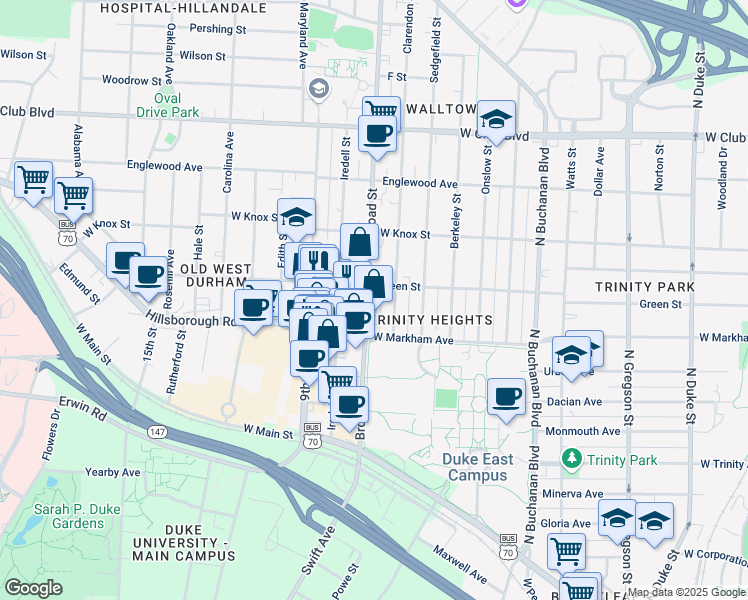map of restaurants, bars, coffee shops, grocery stores, and more near in Durham