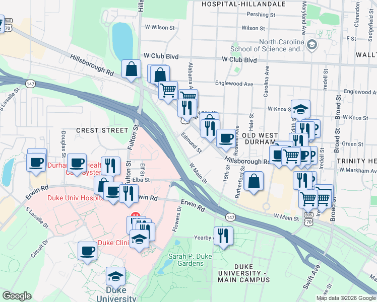 map of restaurants, bars, coffee shops, grocery stores, and more near 2716 West Main Street in Durham