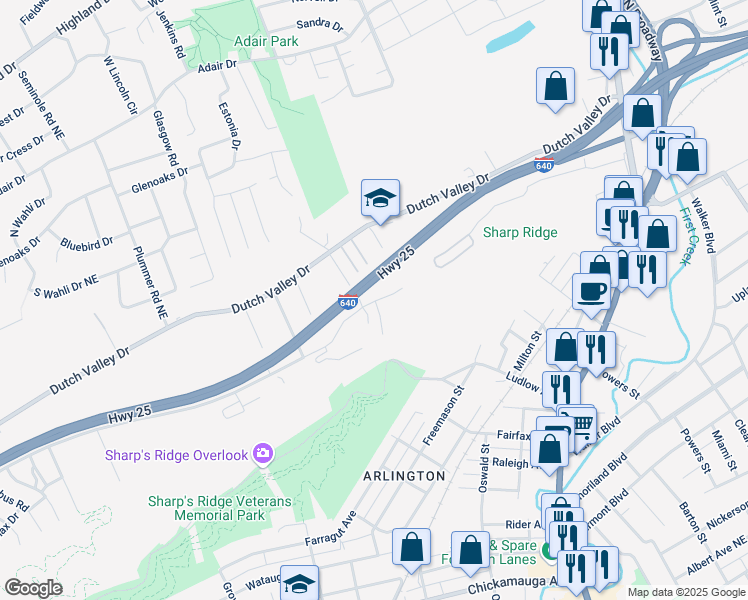 map of restaurants, bars, coffee shops, grocery stores, and more near 1722 Breda Drive in Knoxville