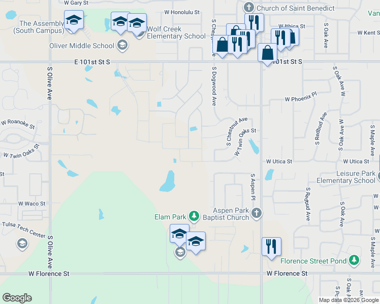 map of restaurants, bars, coffee shops, grocery stores, and more near 2501 West Twin Oaks Street in Broken Arrow