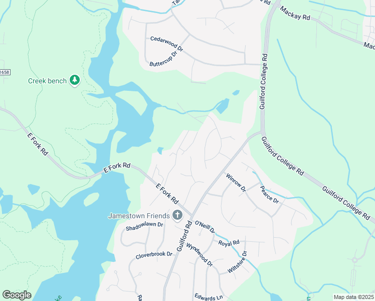 map of restaurants, bars, coffee shops, grocery stores, and more near Village Drive in Jamestown