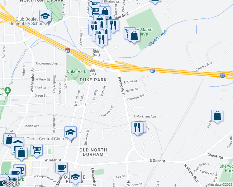 map of restaurants, bars, coffee shops, grocery stores, and more near 1713 Shawnee Street in Durham