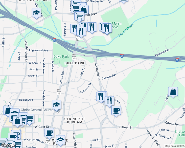 map of restaurants, bars, coffee shops, grocery stores, and more near 1713 Shawnee Street in Durham
