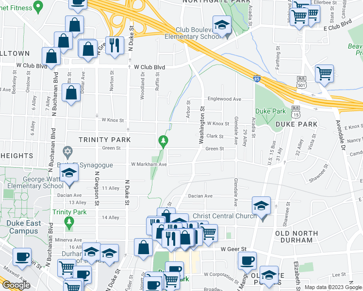 map of restaurants, bars, coffee shops, grocery stores, and more near 536 Green Street in Durham