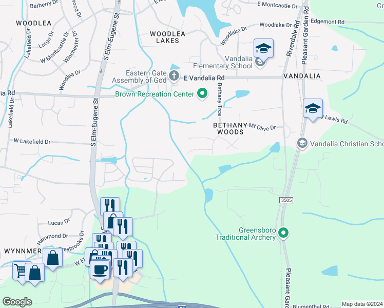 map of restaurants, bars, coffee shops, grocery stores, and more near 300 Humble Road in Greensboro