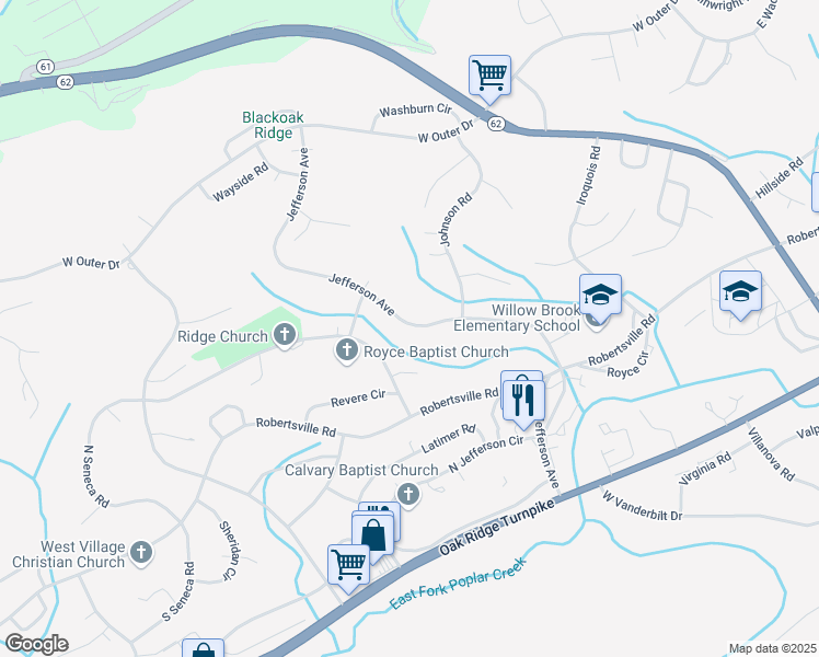 map of restaurants, bars, coffee shops, grocery stores, and more near 299 Jefferson Avenue in Oak Ridge