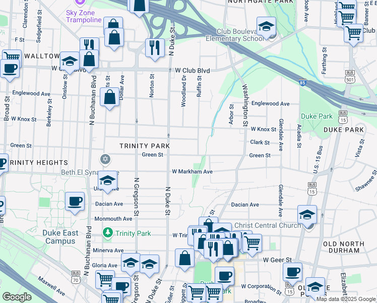 map of restaurants, bars, coffee shops, grocery stores, and more near 808 Green Street in Durham