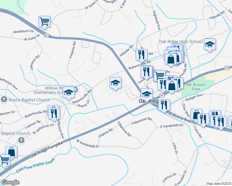 map of restaurants, bars, coffee shops, grocery stores, and more near 245 Robertsville Road in Oak Ridge
