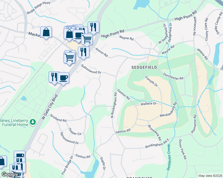 map of restaurants, bars, coffee shops, grocery stores, and more near 3306 North Rockingham Road in Greensboro