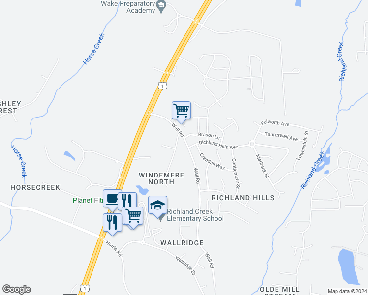 map of restaurants, bars, coffee shops, grocery stores, and more near 1319 Wall Road in Wake Forest
