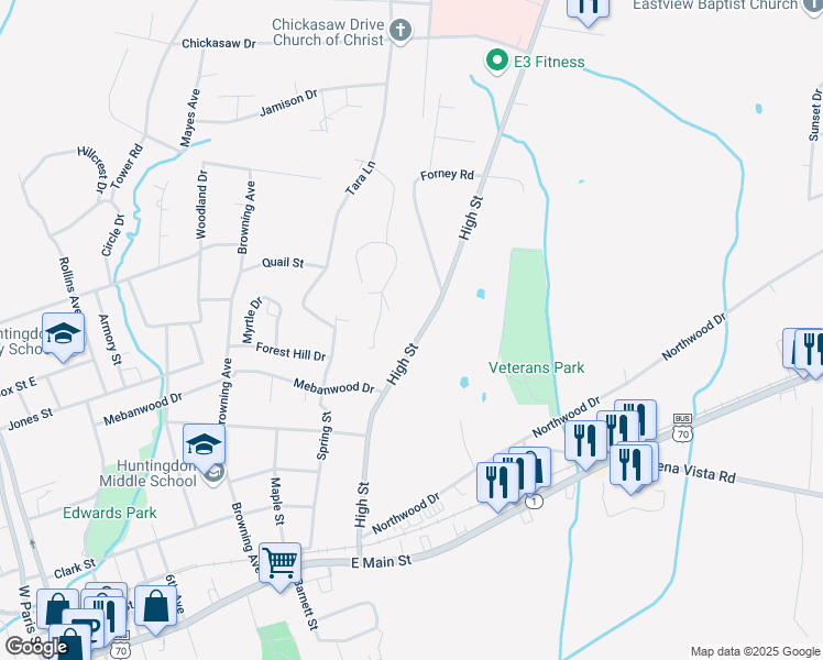 map of restaurants, bars, coffee shops, grocery stores, and more near 132 Oak Drive in Huntingdon