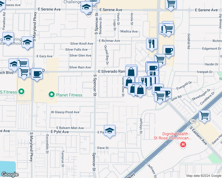 map of restaurants, bars, coffee shops, grocery stores, and more near 9825 Silver Chaps Court in Las Vegas