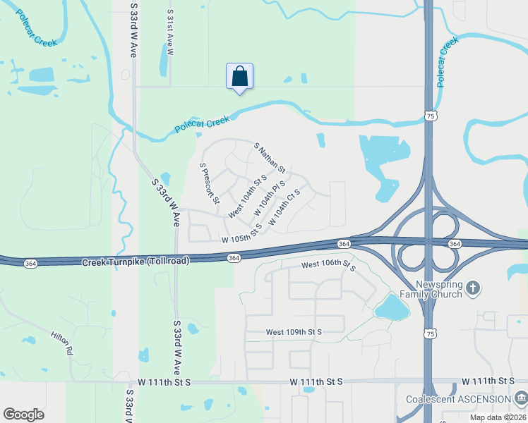 map of restaurants, bars, coffee shops, grocery stores, and more near 4014 West 104th Place South in Jenks