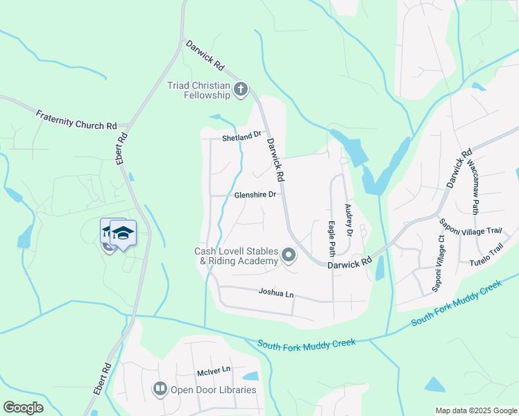 map of restaurants, bars, coffee shops, grocery stores, and more near 2260 Waldenshire Road in Winston-Salem