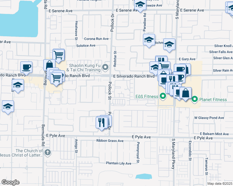 map of restaurants, bars, coffee shops, grocery stores, and more near 875 East Silverado Ranch Boulevard in Las Vegas
