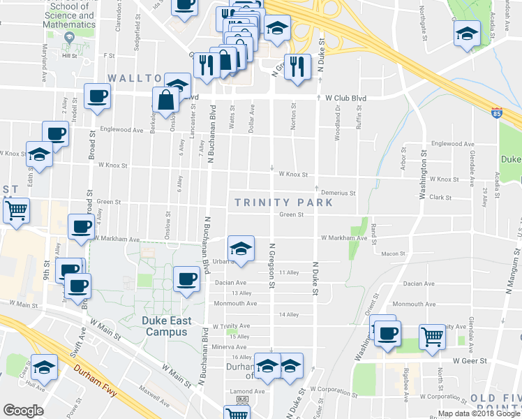 map of restaurants, bars, coffee shops, grocery stores, and more near 1008 Green Street in Durham