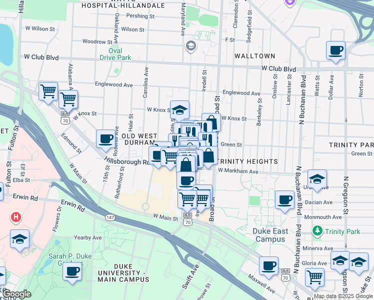 map of restaurants, bars, coffee shops, grocery stores, and more near 811 9th Street in Durham
