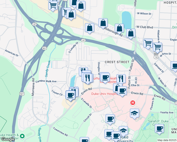 map of restaurants, bars, coffee shops, grocery stores, and more near 12204 McQueen Drive in Durham
