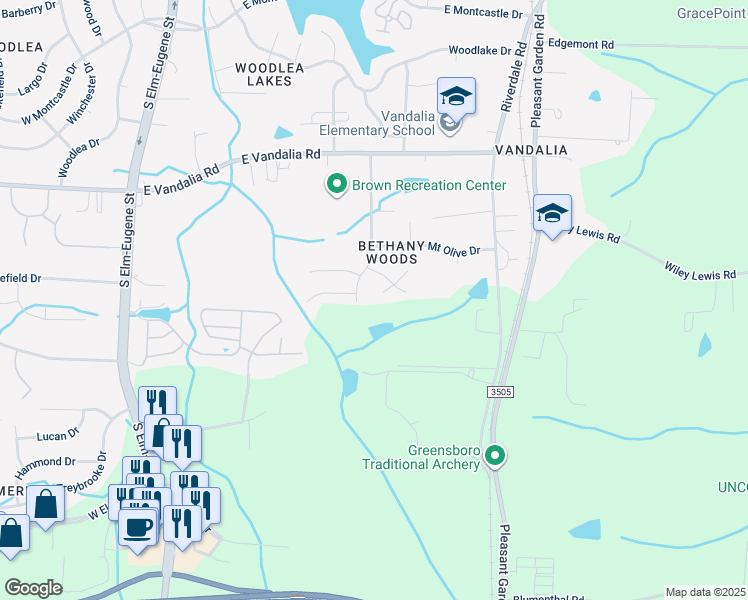 map of restaurants, bars, coffee shops, grocery stores, and more near 3807 Fig Leaf Court in Greensboro