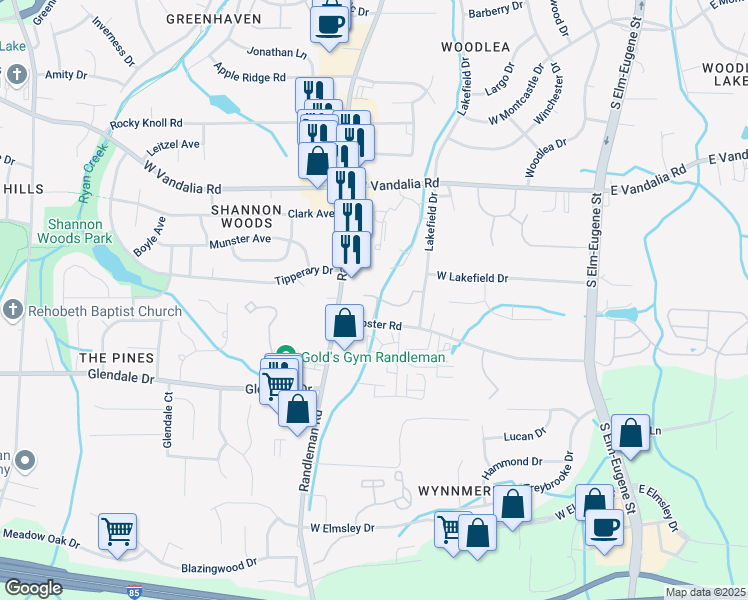 map of restaurants, bars, coffee shops, grocery stores, and more near 301 West Vandalia Road in Greensboro