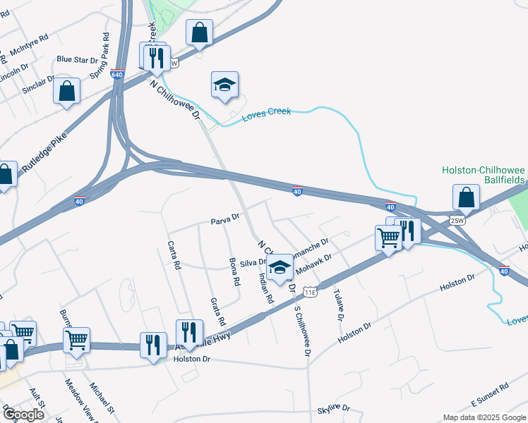 map of restaurants, bars, coffee shops, grocery stores, and more near 5208 Cayuga Drive in Knoxville