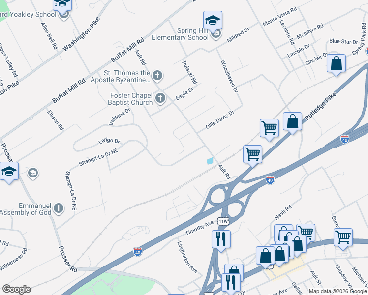 map of restaurants, bars, coffee shops, grocery stores, and more near 4212 Peacock Way in Knoxville