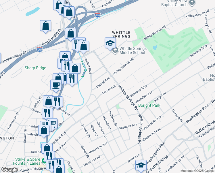 map of restaurants, bars, coffee shops, grocery stores, and more near 2516 Upland Avenue in Knoxville