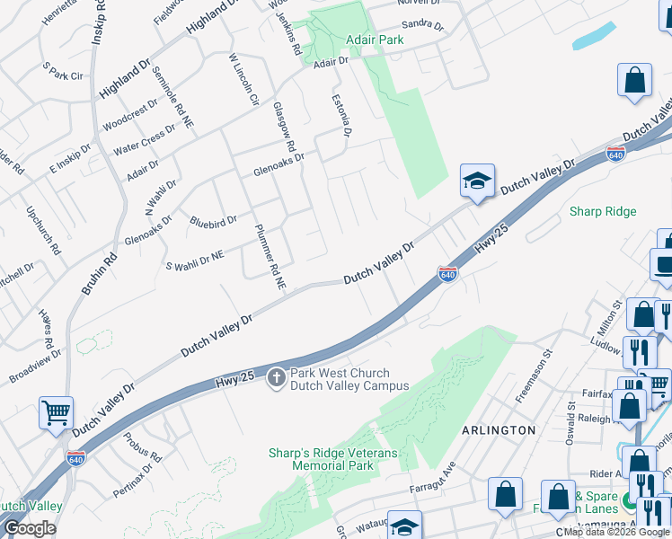 map of restaurants, bars, coffee shops, grocery stores, and more near 4200 Glasgow Road in Knoxville